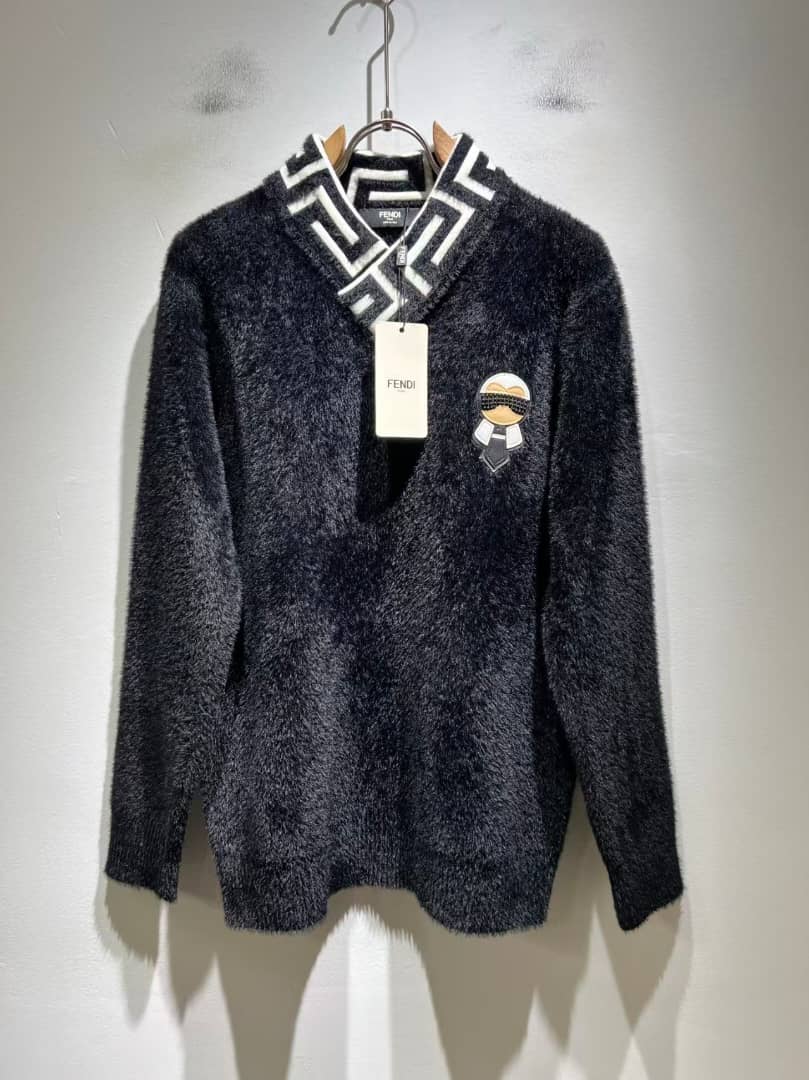 Fendi Black Fuzzy V-Neck Sweater with Karlito Patch & FF Collar