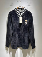Fendi Black Fuzzy V-Neck Sweater with Karlito Patch & FF Collar