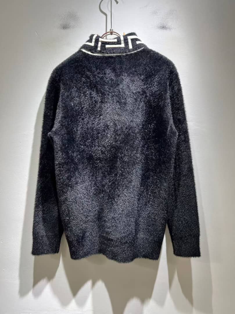 Fendi Black Fuzzy V-Neck Sweater with Karlito Patch & FF Collar