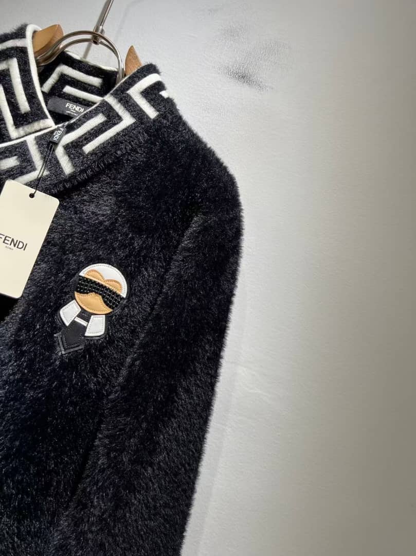 Fendi Black Fuzzy V-Neck Sweater with Karlito Patch & FF Collar