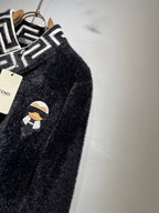 Fendi Black Fuzzy V-Neck Sweater with Karlito Patch & FF Collar