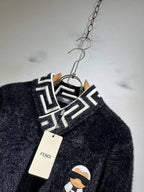 Fendi Black Fuzzy V-Neck Sweater with Karlito Patch & FF Collar