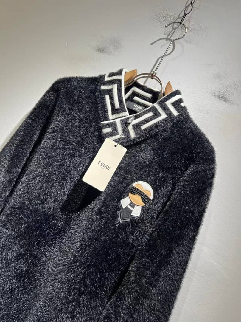 Fendi Black Fuzzy V-Neck Sweater with Karlito Patch & FF Collar
