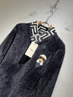 Fendi Black Fuzzy V-Neck Sweater with Karlito Patch & FF Collar