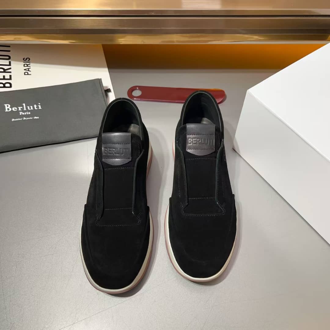 Berluti Black Suede & Leather Slip-On Sneaker