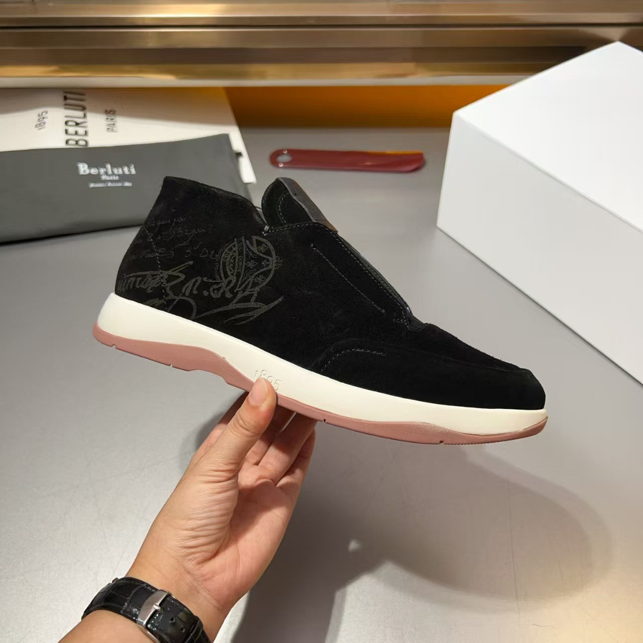 Berluti Black Suede & Leather Slip-On Sneaker