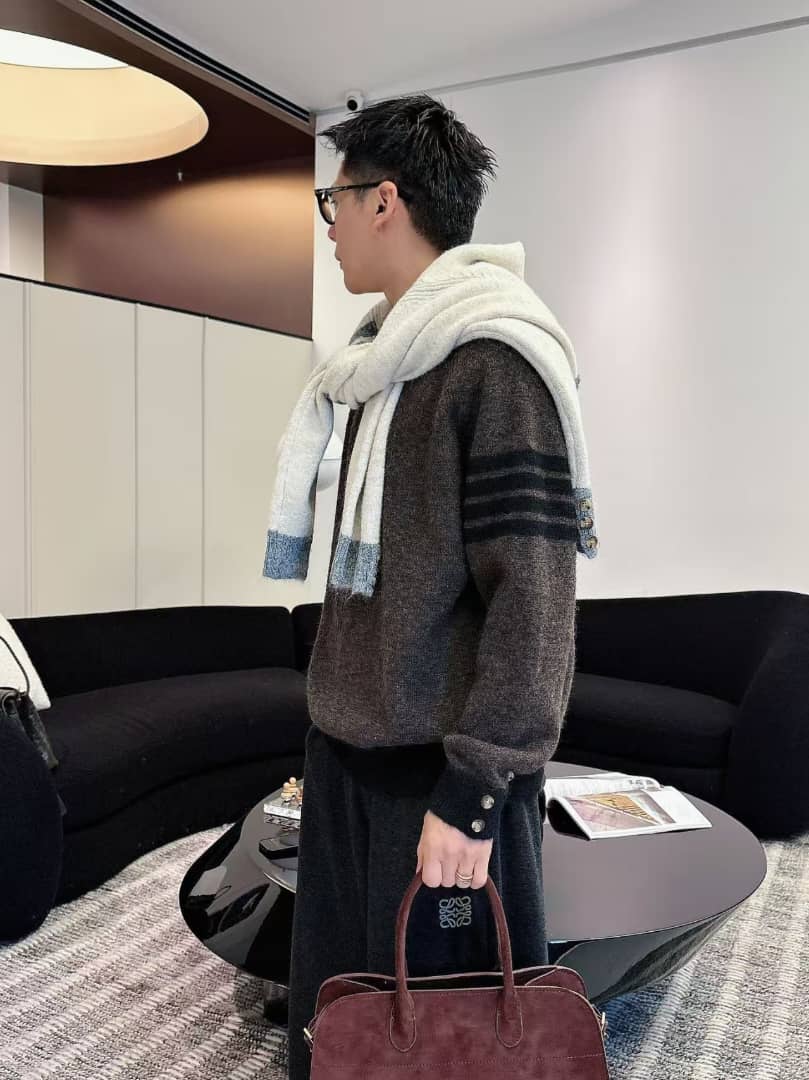 Men's Dark Brown 4-Bar Stripe Knit Sweater
