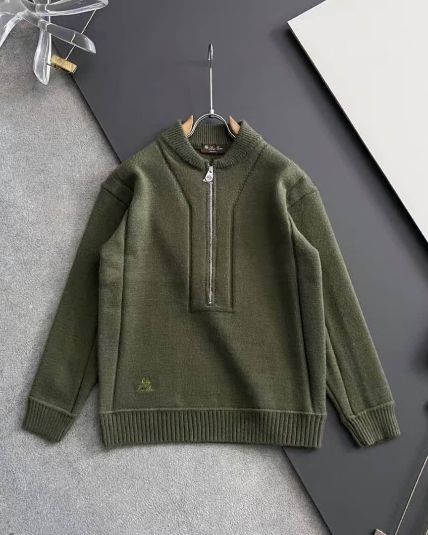 Loro Piana Men's Olive Green Knit Half-Zip Sweater