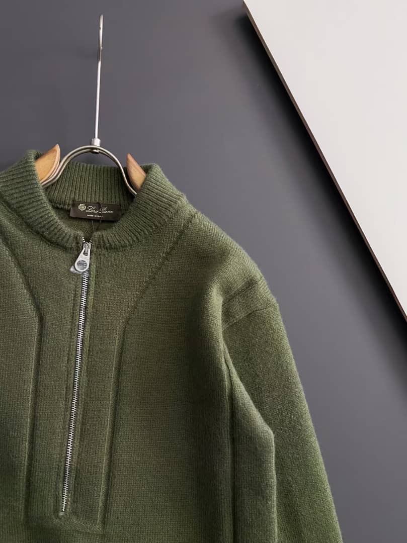 Loro Piana Men's Olive Green Knit Half-Zip Sweater