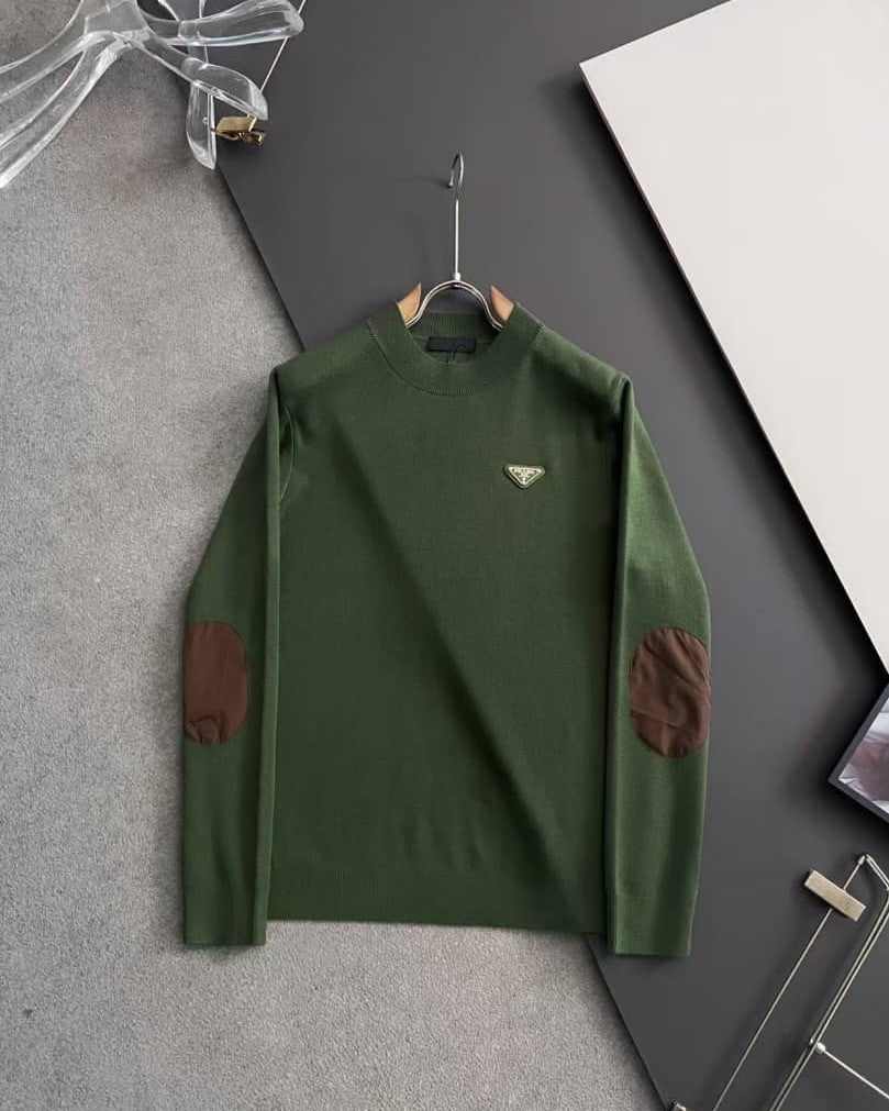 Prada - Green Fine-Knit Sweater with Contrast Elbow Patches