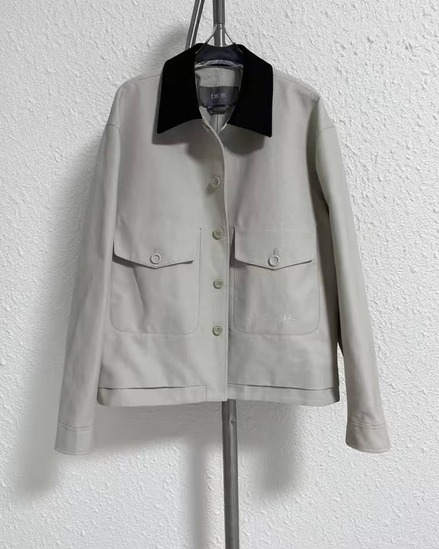 Dior Contrast Collar Cotton Overshirt with Embroidered Logo - Light Grey