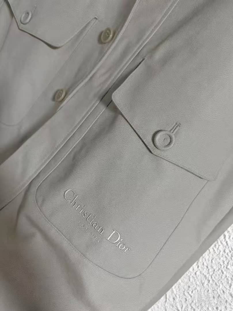 Dior Contrast Collar Cotton Overshirt with Embroidered Logo - Light Grey