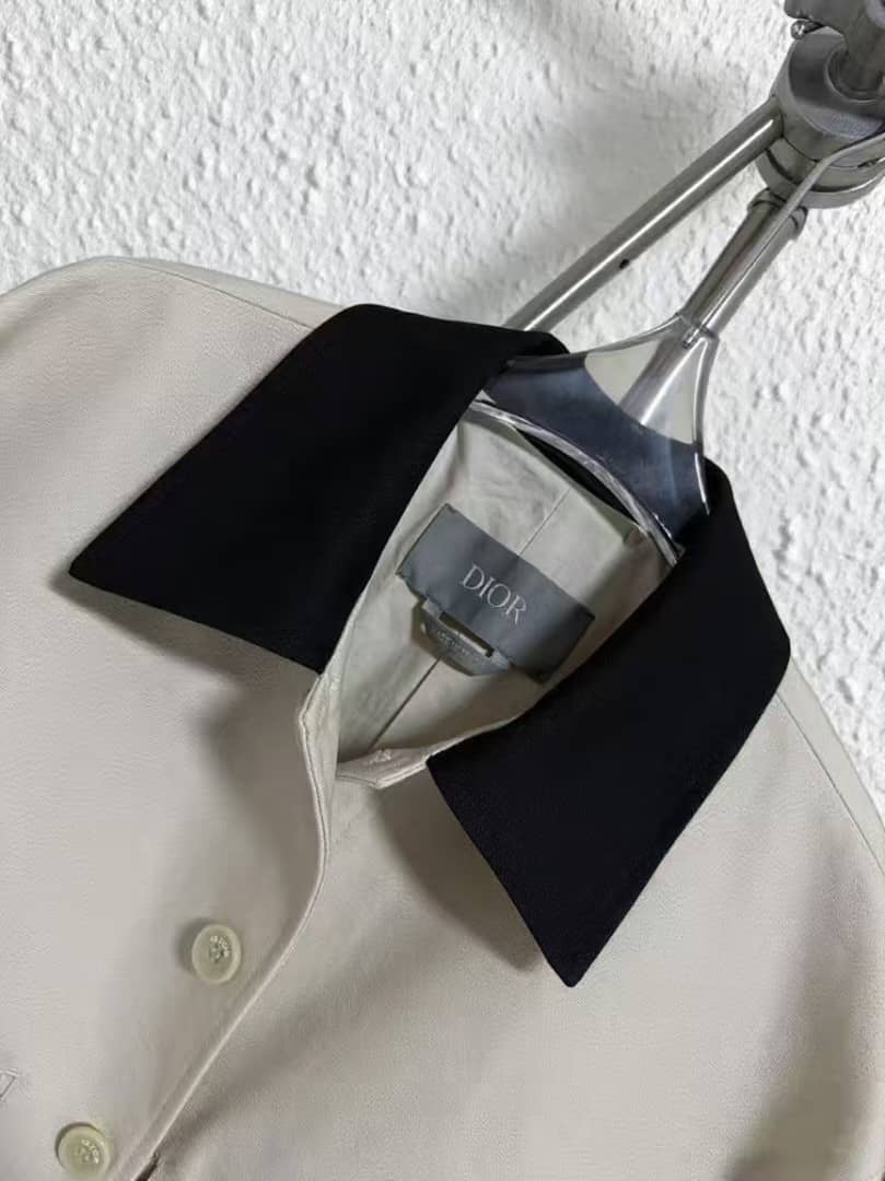 Dior Contrast Collar Cotton Overshirt with Embroidered Logo - Light Grey