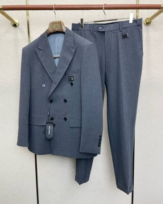 Dolce & Gabbana - Grey Double-Breasted Wool Suit with Logo Detail
