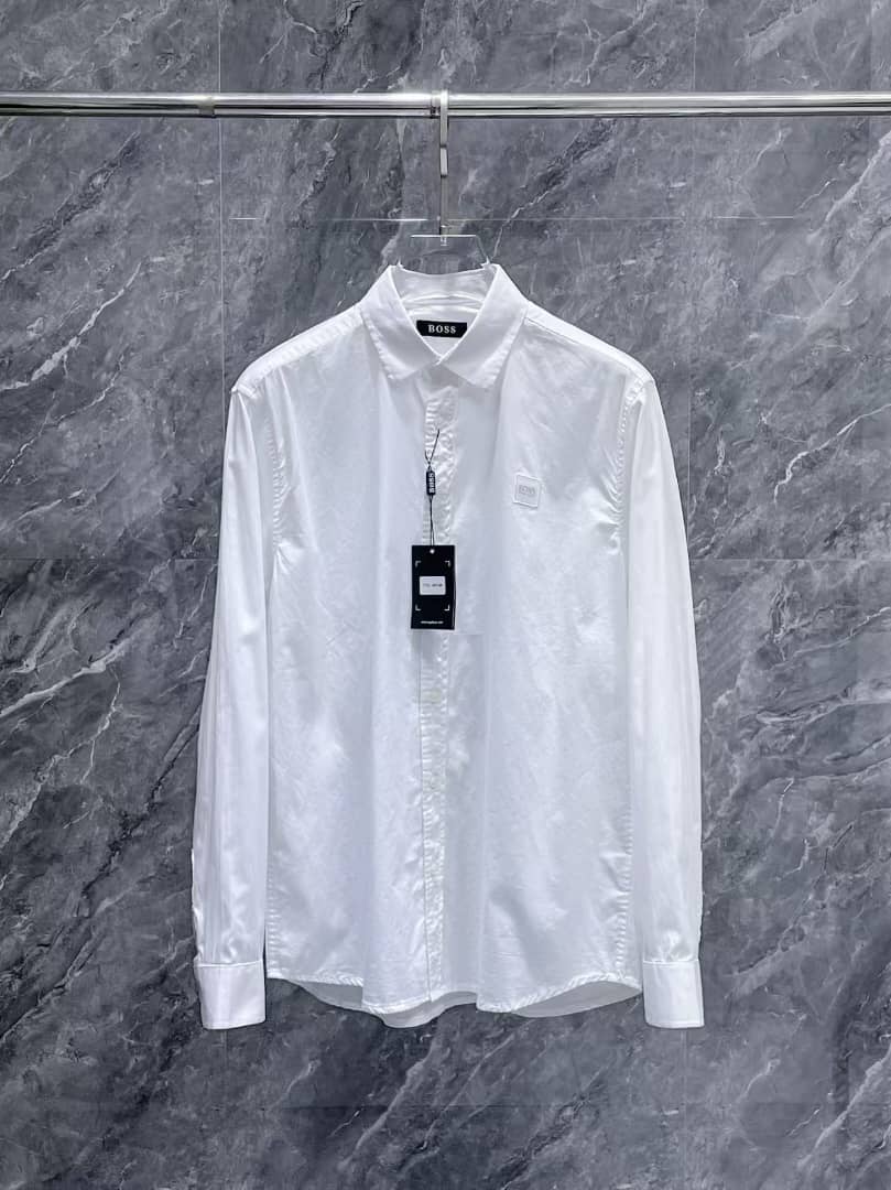 BOSS - Men's White Cotton Button-Down Shirt with Logo Patch