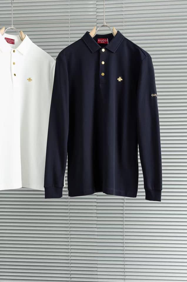 Gucci - Navy Long-Sleeve Piqué Polo with Gold Bee & Sleeve Embroidery