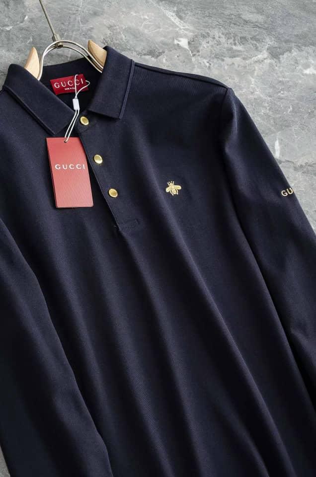 Gucci - Navy Long-Sleeve Piqué Polo with Gold Bee & Sleeve Embroidery