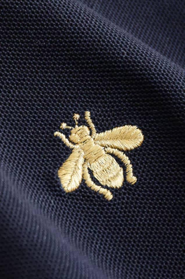 Gucci - Navy Long-Sleeve Piqué Polo with Gold Bee & Sleeve Embroidery