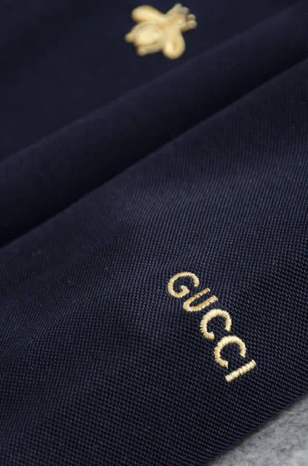 Gucci - Navy Long-Sleeve Piqué Polo with Gold Bee & Sleeve Embroidery