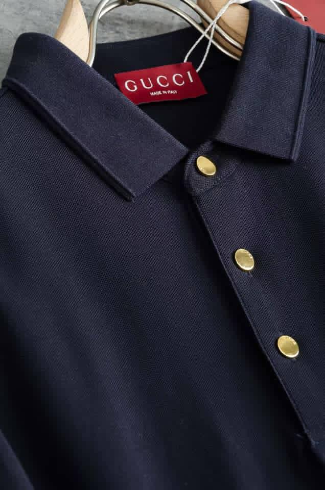Gucci - Navy Long-Sleeve Piqué Polo with Gold Bee & Sleeve Embroidery