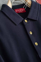 Gucci - Navy Long-Sleeve Piqué Polo with Gold Bee & Sleeve Embroidery