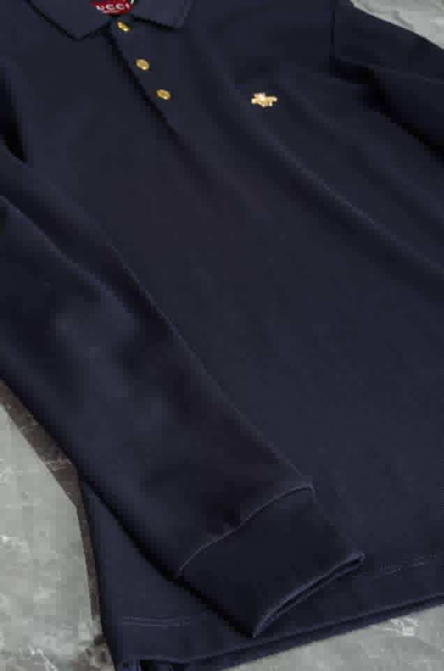Gucci - Navy Long-Sleeve Piqué Polo with Gold Bee & Sleeve Embroidery