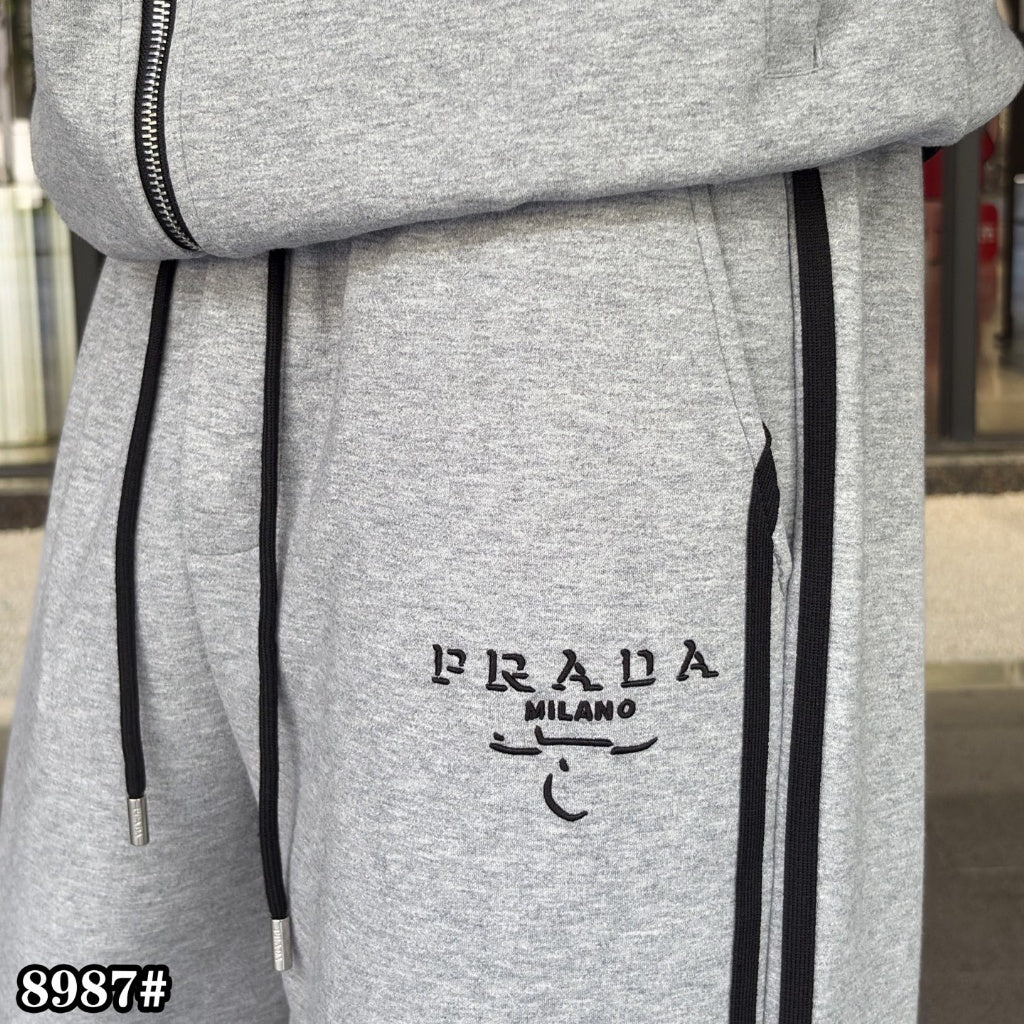 Prada - Milano Embroidered Cotton Jersey Tracksuit Set | Heather Grey & Black
