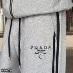 Prada - Milano Embroidered Cotton Jersey Tracksuit Set | Heather Grey & Black