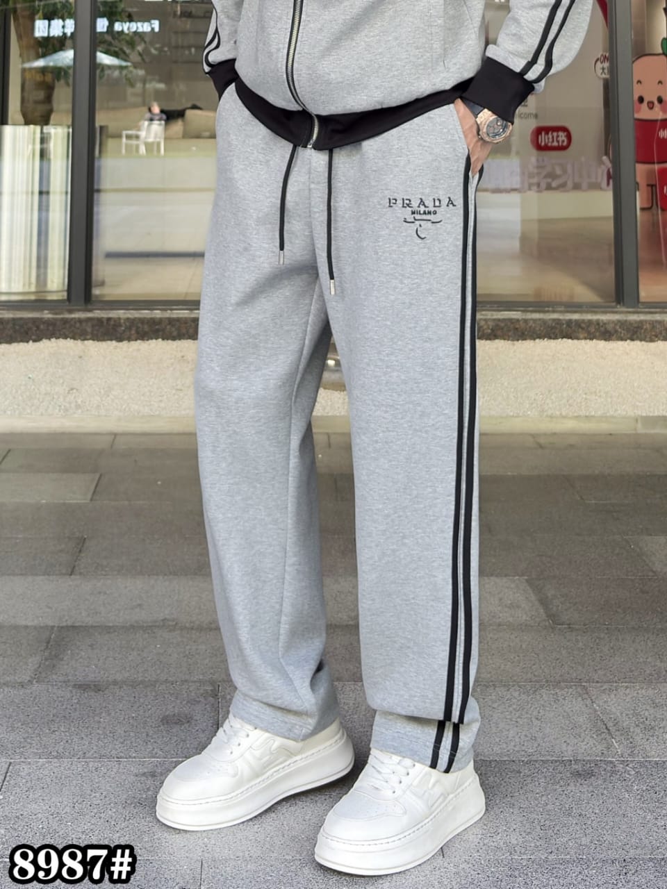 Prada - Milano Embroidered Cotton Jersey Tracksuit Set | Heather Grey & Black