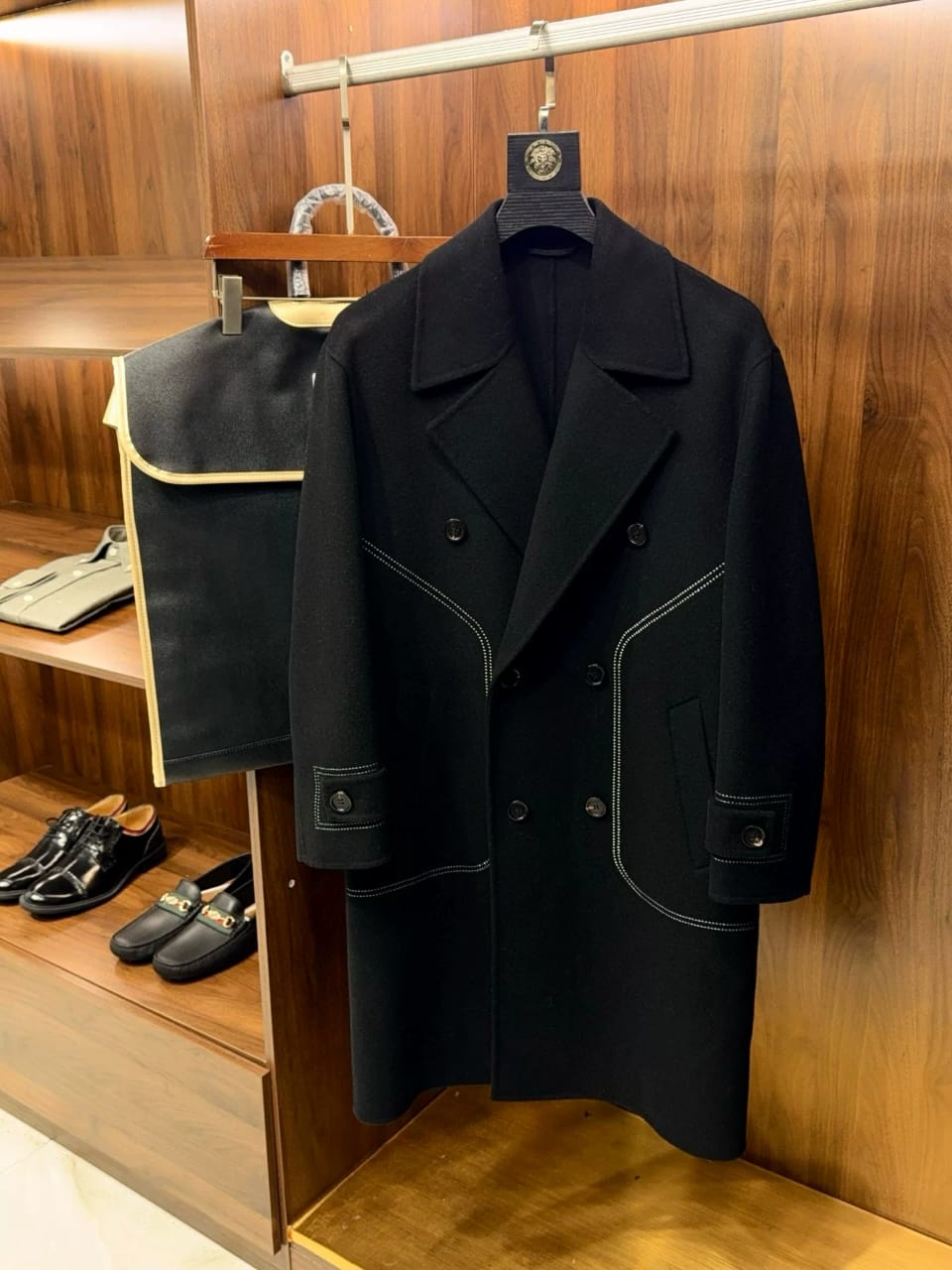 Hermès Noir Contrast-Stitch Structural Wool Overcoat