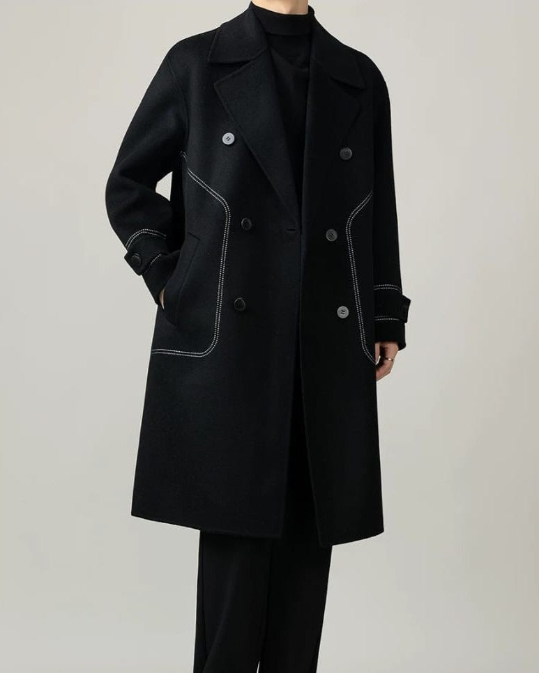 Hermès Noir Contrast-Stitch Structural Wool Overcoat