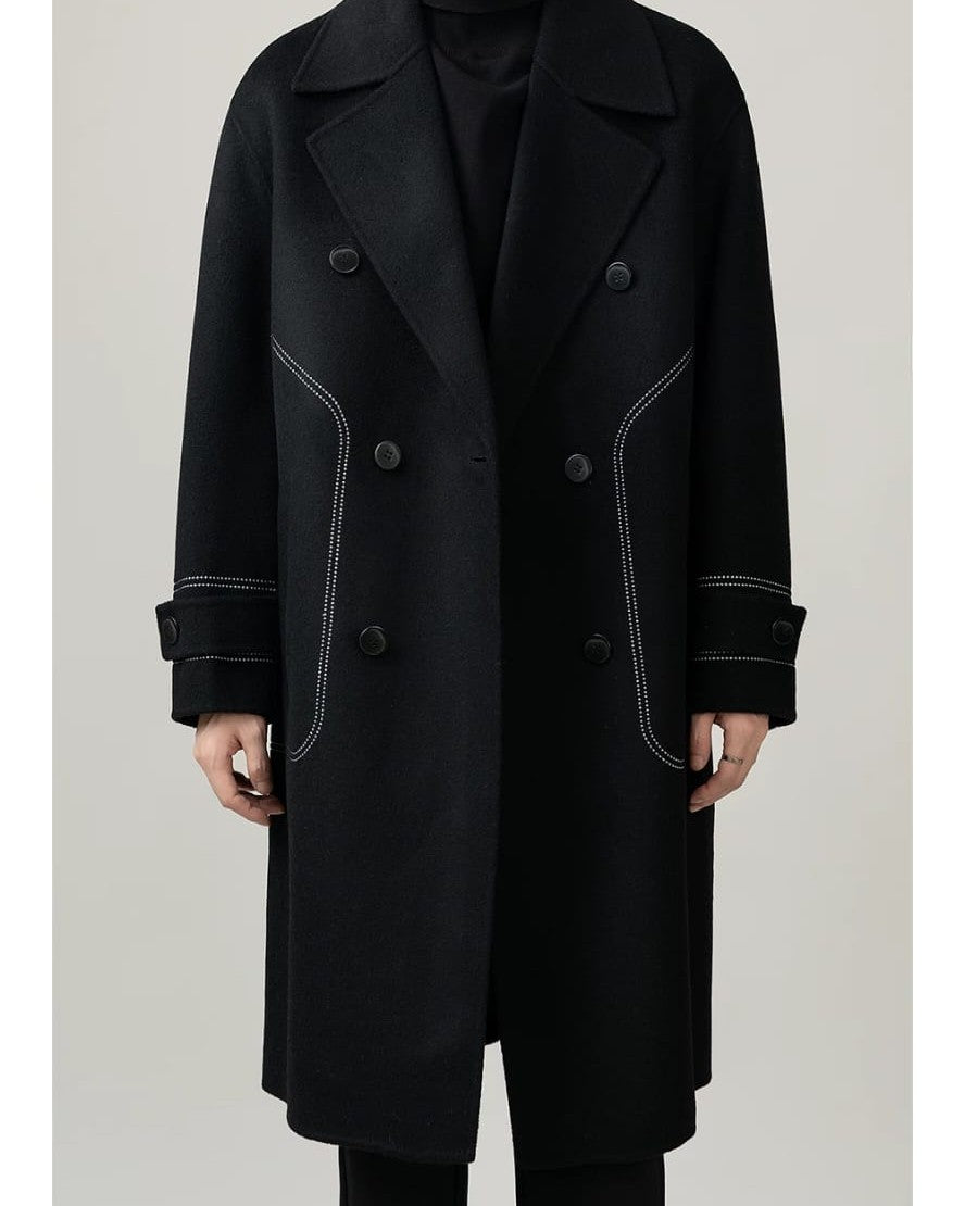 Hermès Noir Contrast-Stitch Structural Wool Overcoat