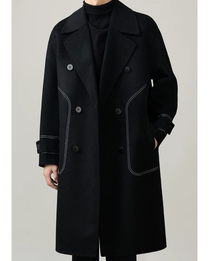 Hermès Noir Contrast-Stitch Structural Wool Overcoat