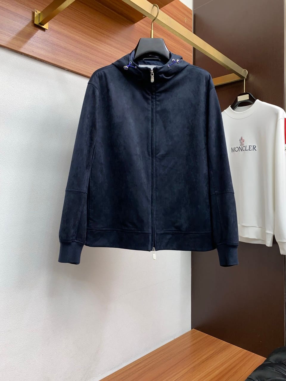 Brunello Cucinelli - Navy Suede Hooded Zip-Up Jacket