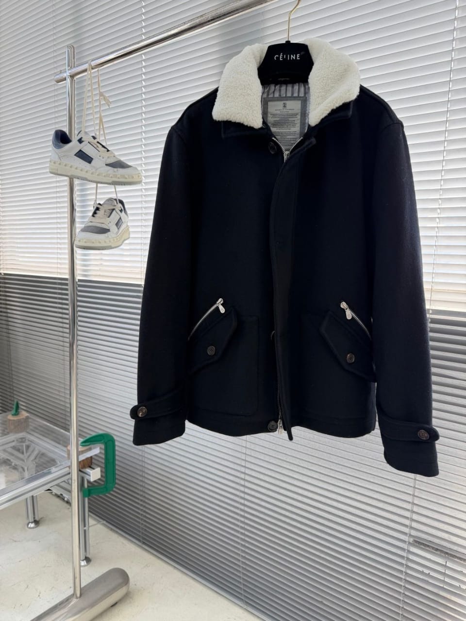 Brunello Cucinelli - Shearling-Trimmed Wool Aviator Jacket in Black