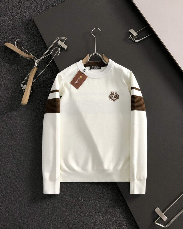 Loro Piana - White Cashmere Crewneck Sweater with Brown Sleeve Stripes & Crest Logo