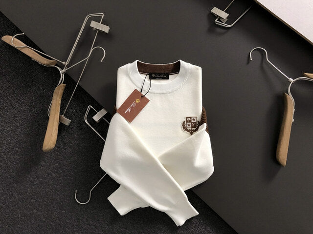 Loro Piana - White Cashmere Crewneck Sweater with Brown Sleeve Stripes & Crest Logo