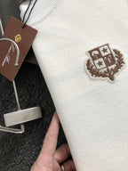 Loro Piana - White Cashmere Crewneck Sweater with Brown Sleeve Stripes & Crest Logo