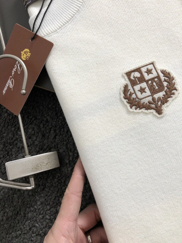 Loro Piana - White Cashmere Crewneck Sweater with Brown Sleeve Stripes & Crest Logo