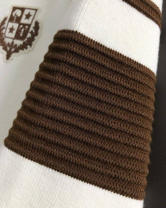 Loro Piana - White Cashmere Crewneck Sweater with Brown Sleeve Stripes & Crest Logo