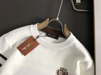 Loro Piana - White Cashmere Crewneck Sweater with Brown Sleeve Stripes & Crest Logo