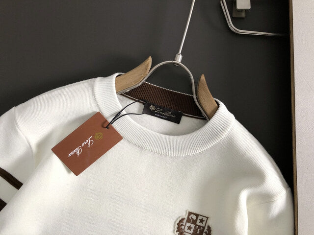 Loro Piana - White Cashmere Crewneck Sweater with Brown Sleeve Stripes & Crest Logo