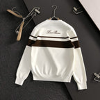 Loro Piana - White Cashmere Crewneck Sweater with Brown Sleeve Stripes & Crest Logo