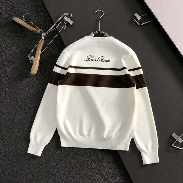 Loro Piana - White Cashmere Crewneck Sweater with Brown Sleeve Stripes & Crest Logo