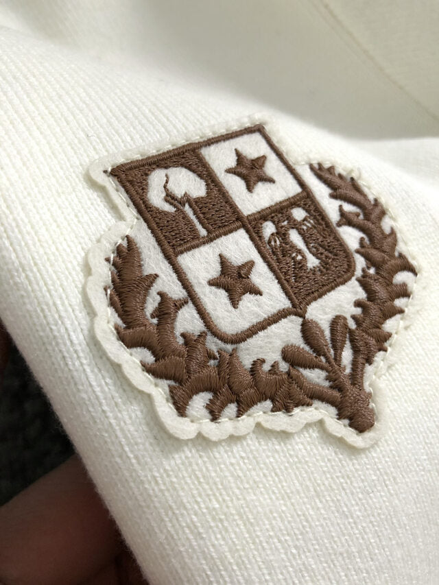 Loro Piana - White Cashmere Crewneck Sweater with Brown Sleeve Stripes & Crest Logo