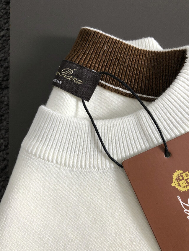 Loro Piana - White Cashmere Crewneck Sweater with Brown Sleeve Stripes & Crest Logo
