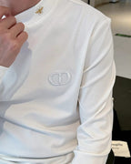 Dior - White 'CD' & Bee Embroidery Mock Neck Long-Sleeve T-Shirt