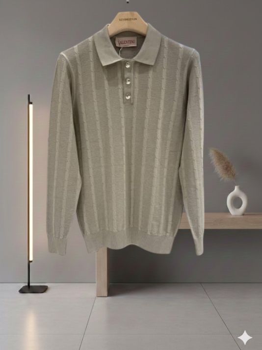 Valentino - Textured Vertical-Rib Old Money Polo Sweater