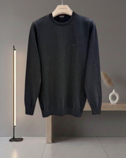 Zegna - Charcoal Grey Fine Knit Crewneck Sweater with Tonal Logo