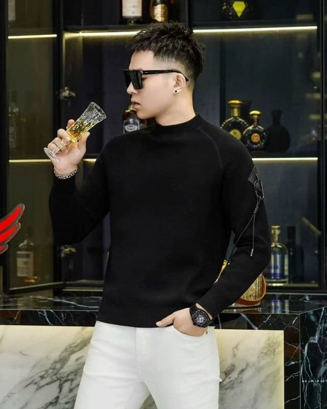 Loewe - Black Fine-Knit Mock Neck Pullover with Tonal Anagram Patch